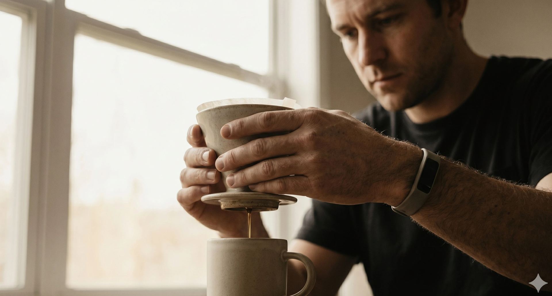 Barista preparing a slow pour-over with a ceramic dripper in soft morning light