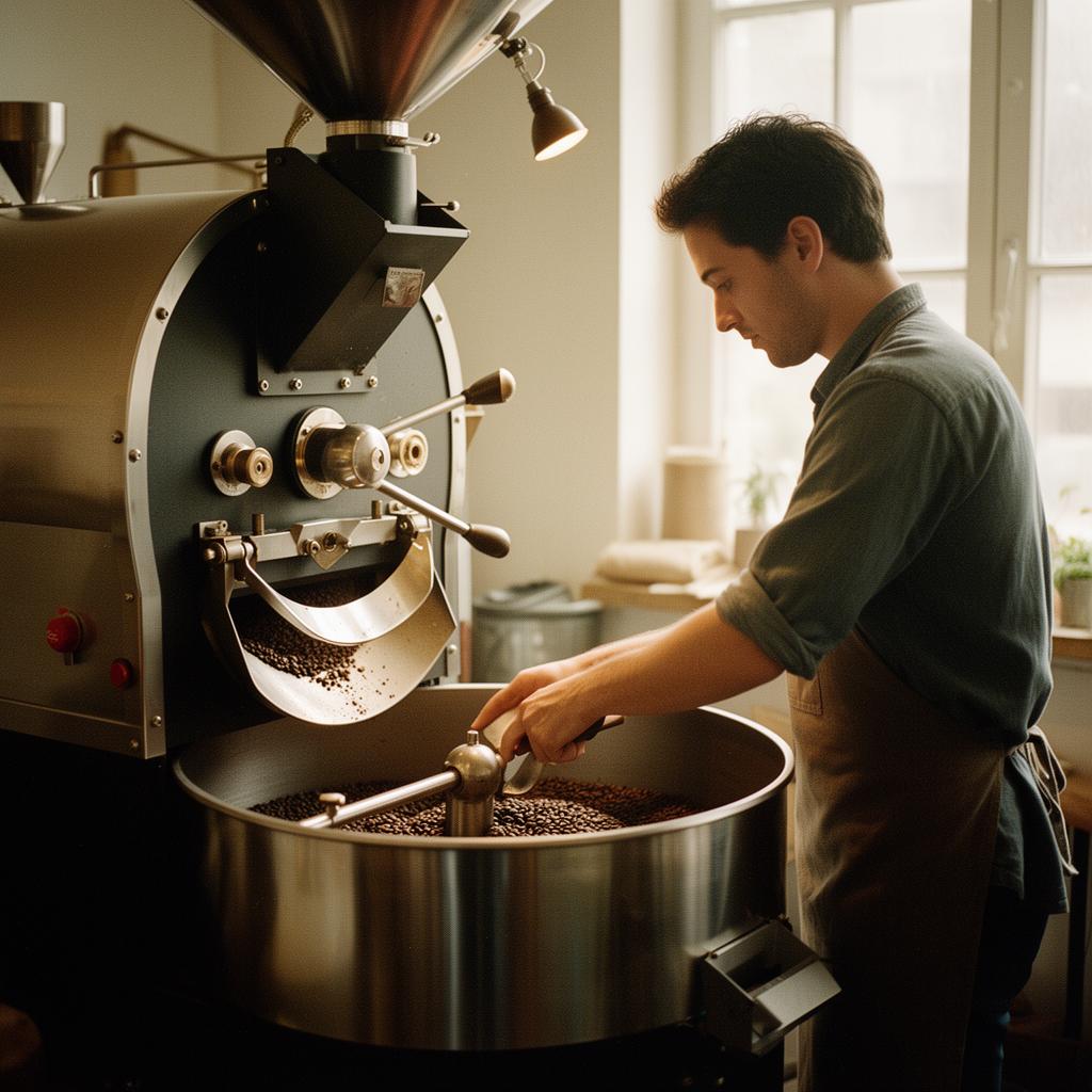 Freshly roasted coffee beans pouring out of a drum roaster into the cooling tray.